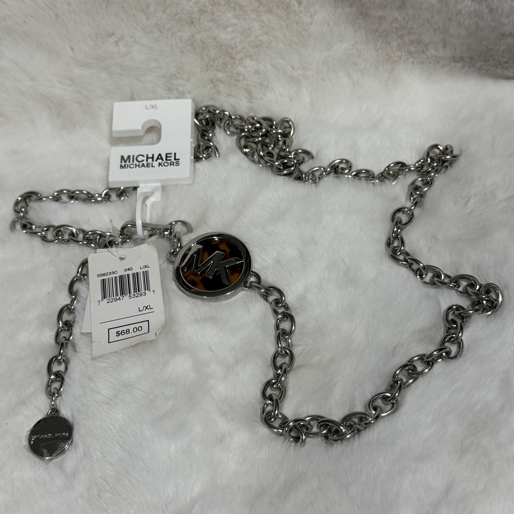 Michael Kors Silver Tone Tortoise Shell MK Logo Chain Belt L/XL 556233C